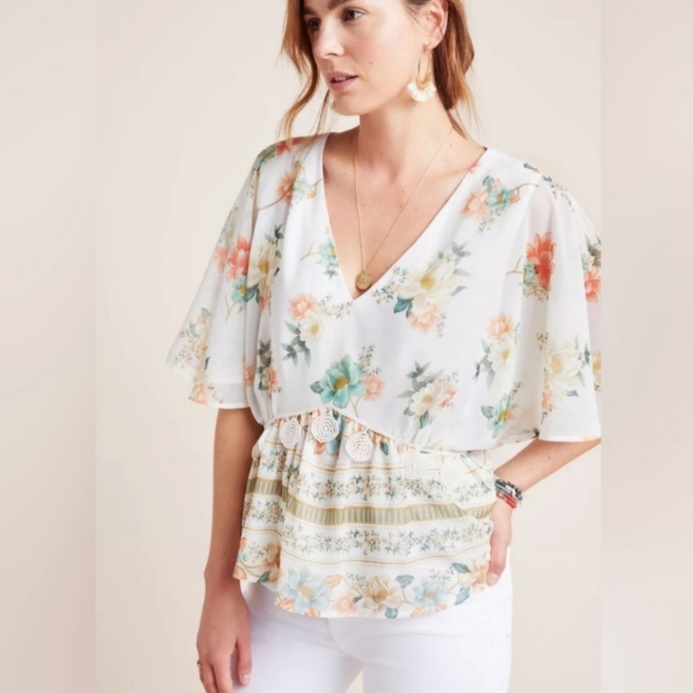 Farm Rio For Anthropologie Women's Hestia Peplum Floral Print Blouse Size Medium